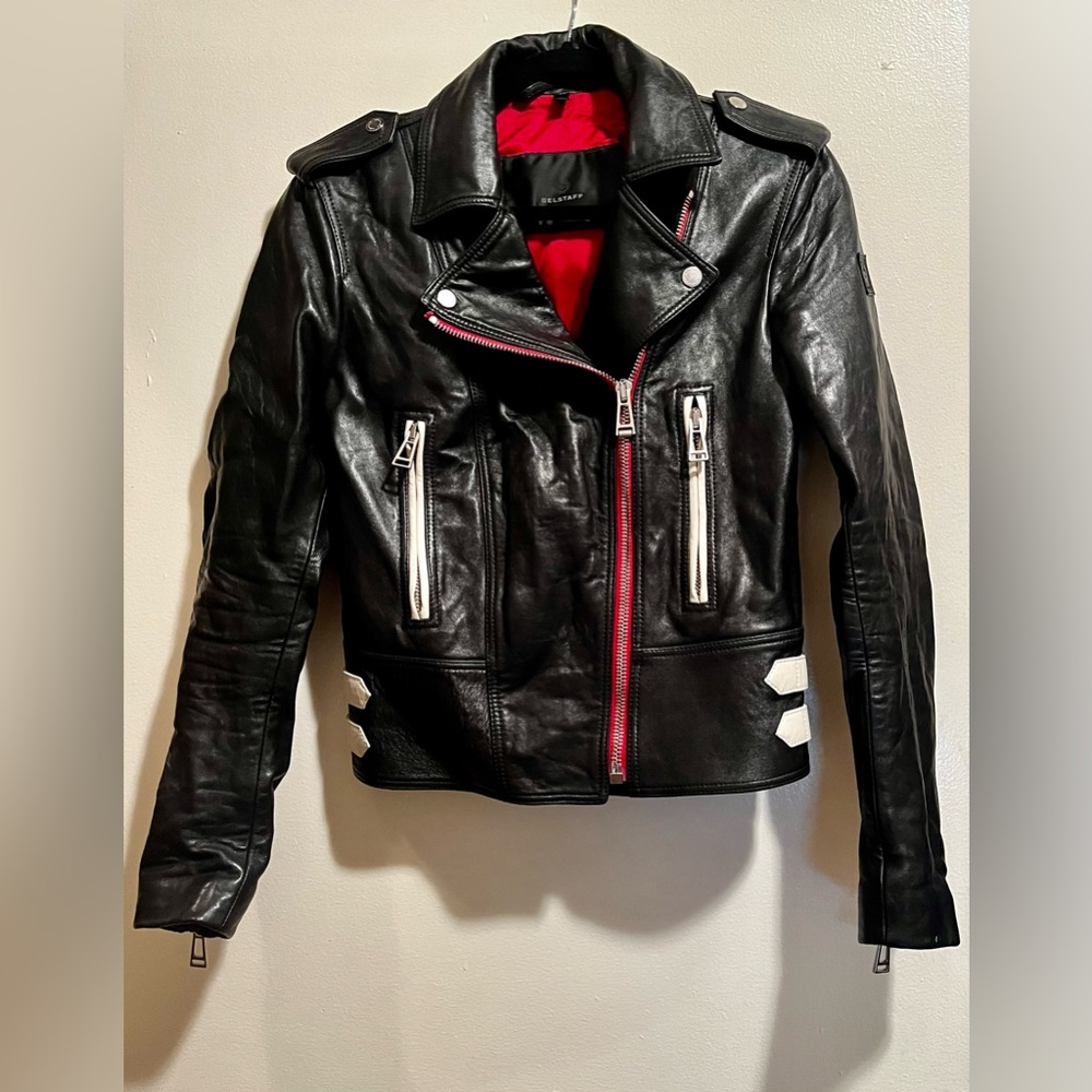 Belstaff Leather Jacket with red and white detailing, Size 40/Small